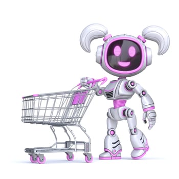 Cute pink girl robot push empty shopping cart 3D rendering illustration isolated on white background