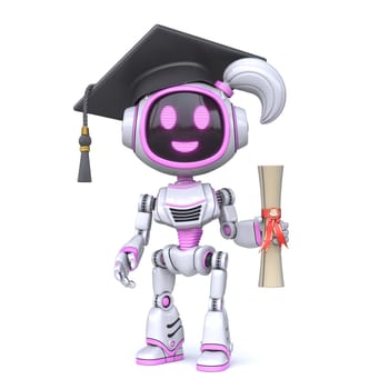 Cute pink girl robot graduate 3D rendering illustration isolated on white background