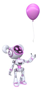 Cute pink girl robot look at flying balloon 3D rendering illustration isolated on white background