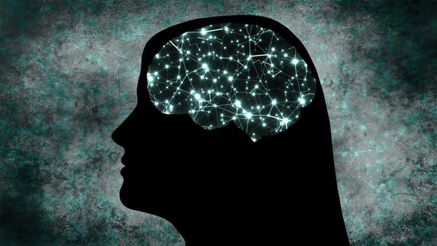 Portrait of Woman silhouette with Brain Connections Of Neurons,Portrait of Woman silhouette with Brain Connections Of Neurons