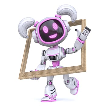 Cute pink girl robot hold wooden picture frame 3D rendering illustration isolated on white background