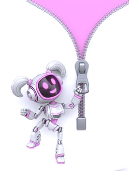 Cute pink girl robot open zipper background 3D rendering illustration isolated on white background