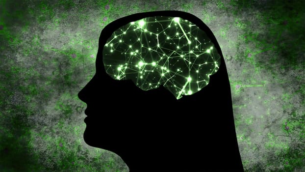 Portrait of Woman silhouette with Brain Connections Of Neurons,Portrait of Woman silhouette with Brain Connections Of Neurons