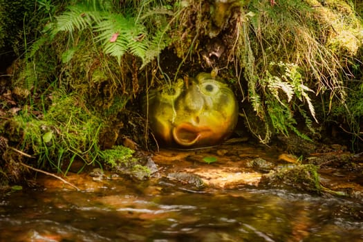 The face of a stone mermen on the bank of a stream
