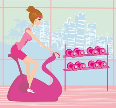 Indoor Cycling - Girl cycling at Gym