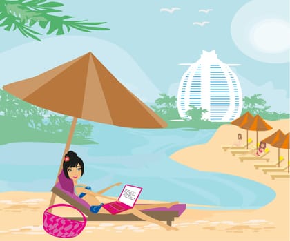 Woman sitting in deck chair and using laptop computer