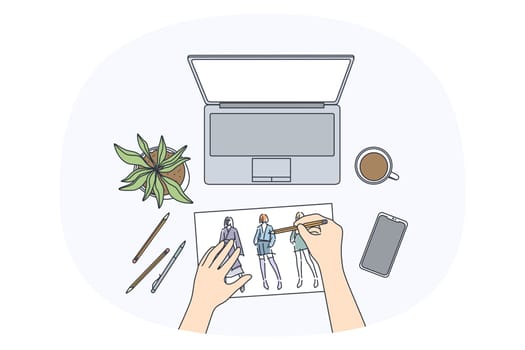 Freelance and design work concept. Top view of human worker hands making design of female clothes at laptop smartphone and coffee on table vector illustration
