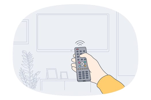 Remote control and entertainment concept. Human hand holding remote controller and switching on television hanging on wall vector illustration