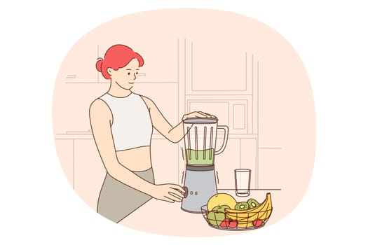 Healthy eating and lifestyle concept. Young smiling slim woman standing and making green smoothies with fresh fruits and veggies in blender in kitchen vector illustration