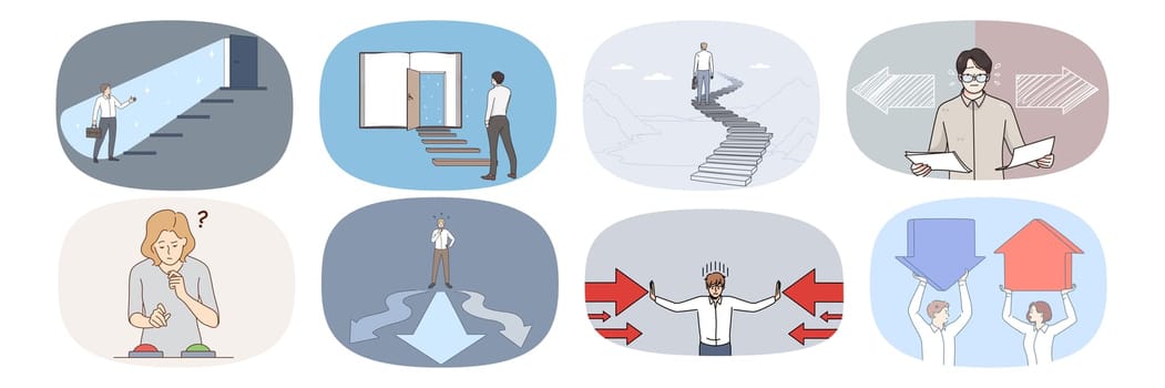 Set of people feel confused think make decision or choice. Collection of businesspeople frustrated with solution or dilemma. Career achievement or goal accomplishment. Vector illustration.