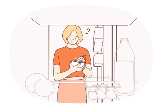 Making list of purchase concept. Smiling woman standing over open fridge and making notes with products to buy in supermarket vector illustration