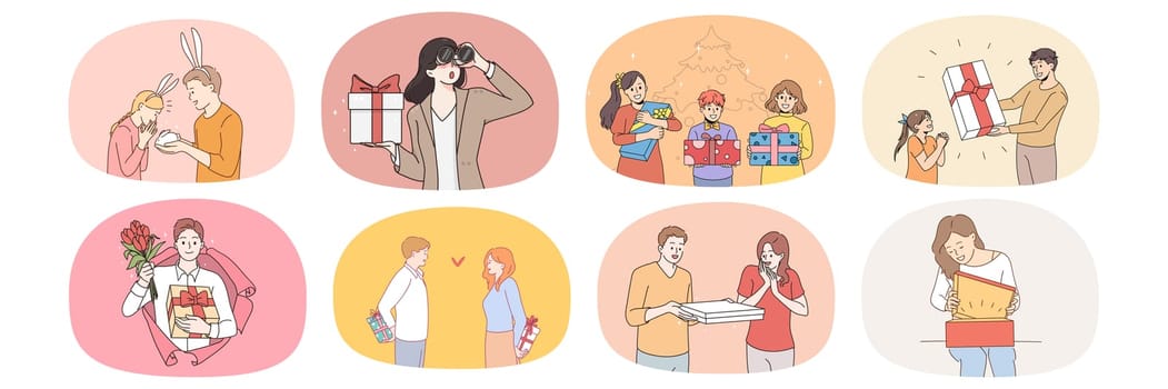 Set of people feel excited with presents and giftboxes. Collection of men and women receive gifts for birthday or special occasion. Greeting and celebration. Flat vector illustration.