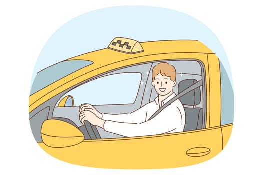Working as taxi driver concept. Young smiling man driver sitting and looking from window in yellow traditional taxi during job vector illustration