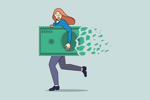 Businesswoman run with dollar bill collapsing. Money loss and decline in value. Girl with banknote struggle with financial crisis or bankruptcy. Inflation and deflation concept. Vector illustration.