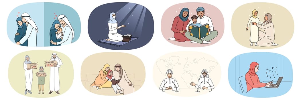 Collection of diverse Arabian people in traditional clothes