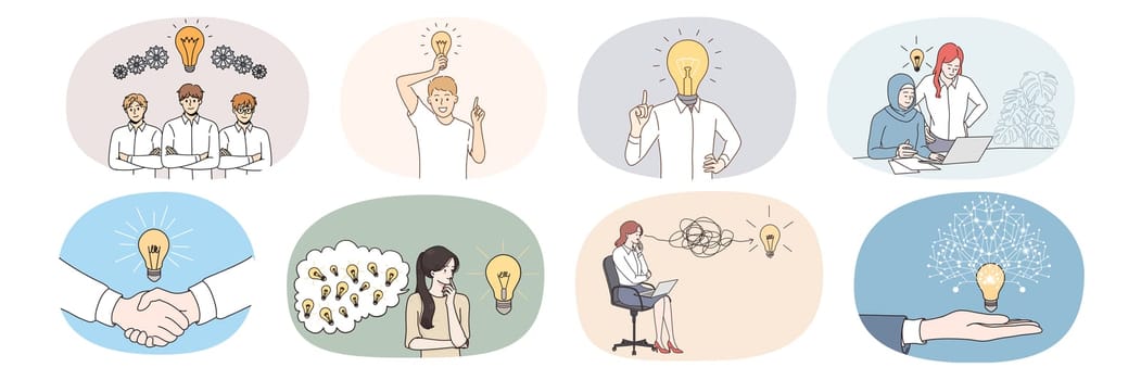 Set of diverse businesspeople with light bulb think of problem solution. Collection of employees or workers with lightbulb brainstorm generate innovative business idea. Vector illustration.
