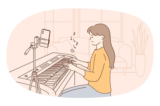 Vlogger and music record concept. Young female sitting playing piano making record of music on smartphone on tripod for her social media vector illustration