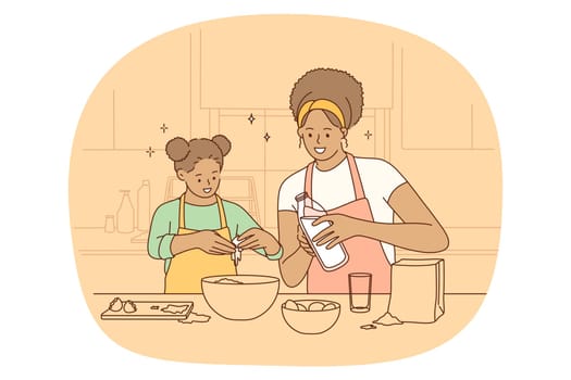 Cooking with family and leisure concept. Happy positive black mother and her daughter standing in kitchen at home making dough and cooking together pie or cake vector illustration