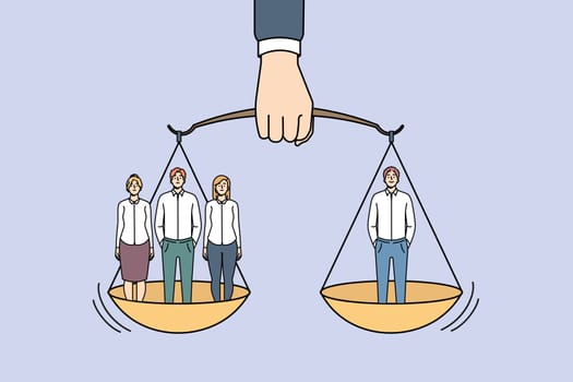 Businessman hand hold scales with one man weight same as group of people. Employees team and separate worker balance on weighs. Inequality of rights and power. Vector illustration.