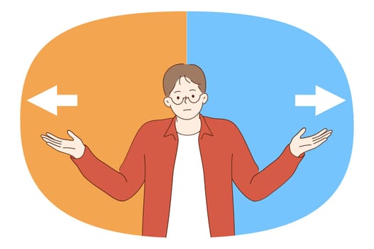 Frustration and choosing direction concept. Young man standing thinking and trying to choose where to go left or right with arrow symbols feeling frustrated vector illustration
