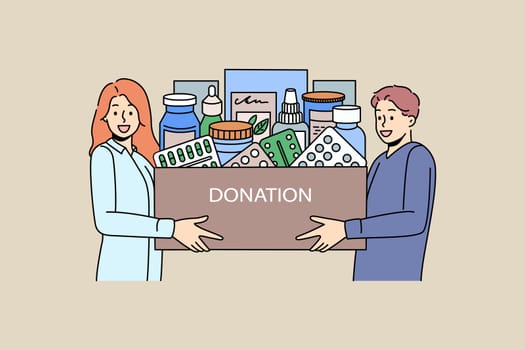 Smiling diverse people hold box with medications donate to poor needy people. Caring man and woman make medicaments or drugs donation. First aid, charity and volunteer. Vector illustration.