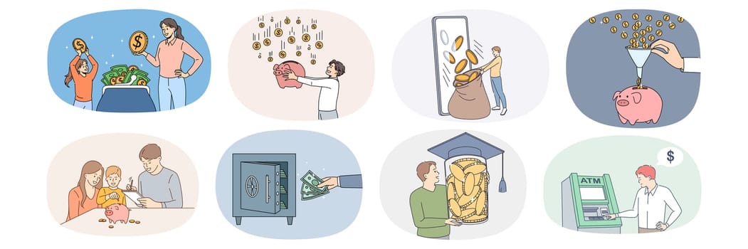 Set of diverse people saving money for future needs. Collection of persons collect coins and banknotes make investment. Banking and finance concept. Credit and deposit. Flat vector illustration.