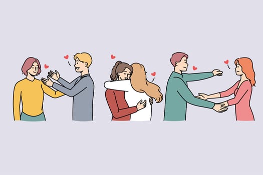 Happy young people hugging meeting together greeting each other. Smiling diverse friends have fun embracing with open arms. Friendship and relationship. Vector illustration.