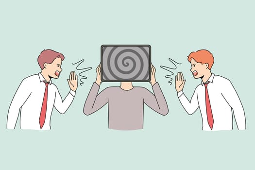Men screaming to person feeling overwhelmed with information from TV screen. People shout and yell advertising content. Concept of data war or overwhelm. Vector illustration.