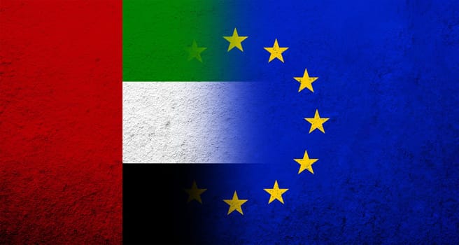 Flag of the European Union with National flag of United Arab Emirates. Grunge background