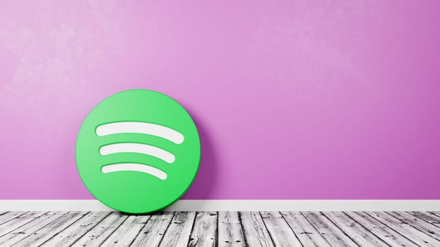 Spotify Logo 3D Symbol Shape on Wooden Floor Against Purple Wall with Copy Space 3D Render Illustration
