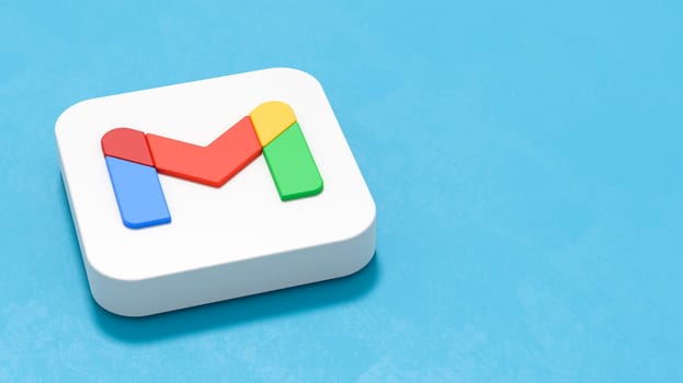 Gmail App Icon 3D Symbol Shape on Plastered Blue Background with Copy space 3D Illustration