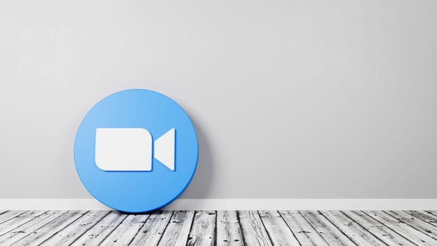 Zoom Logo 3D Symbol Shape on Wooden Floor Against Gray Wall with Copy Space 3D Render Illustration