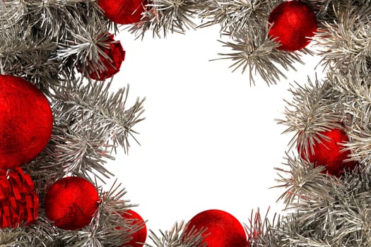 Frame formed with pine twigs and decorative red Christmas balls. Isolated. 3D Rendering