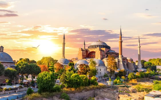 Famous Hagia Sophia of Istanbul, sunset view, Turkey.