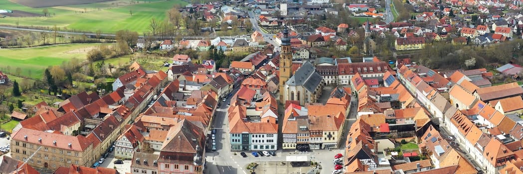 Aerial view of Bad Koenigshofen with sights of the city