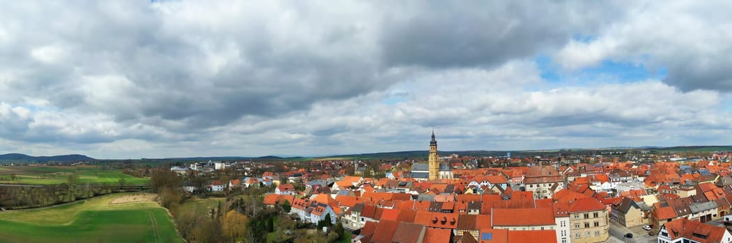 Aerial view of Bad Koenigshofen with sights of the city