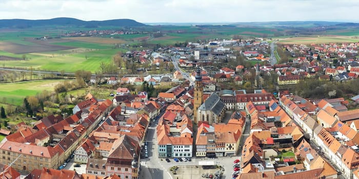 Aerial view of Bad Koenigshofen with sights of the city