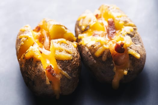 close up of cheesy jacket potato