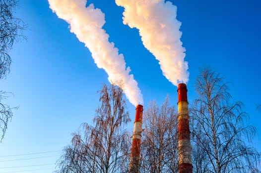 white smoke is coming out of the pipes in the blue sky. High quality photo