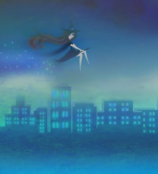 Witch flying over the city