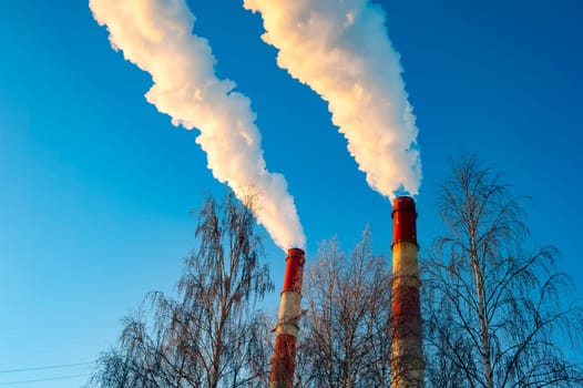white smoke is coming out of the pipes in the blue sky. High quality photo