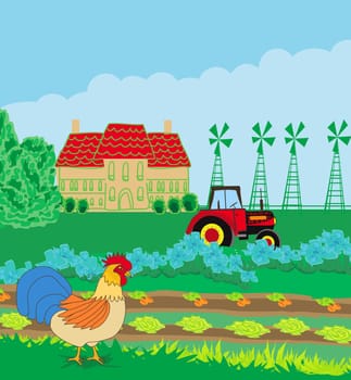 rural landscape with roster tractor and a beautiful country house