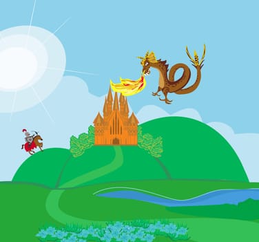 Dragon attacks the castle illustration