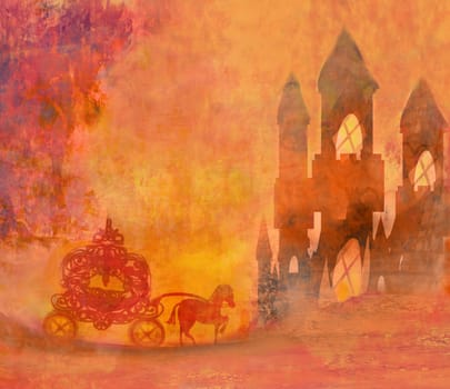 Carriage at sunset. Silhouette of a horse carriage
