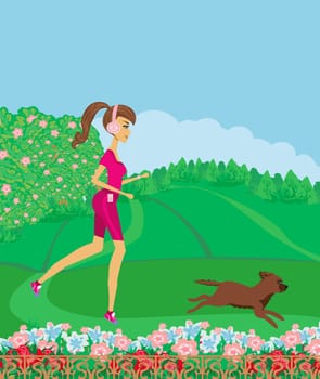 Jogging girl in spring together with her dog