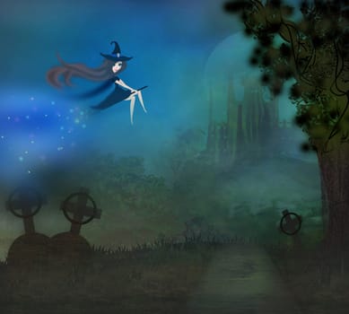 Witch flying on a broom in moonlight.