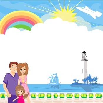 happy family on tropical vacation - card with place for text