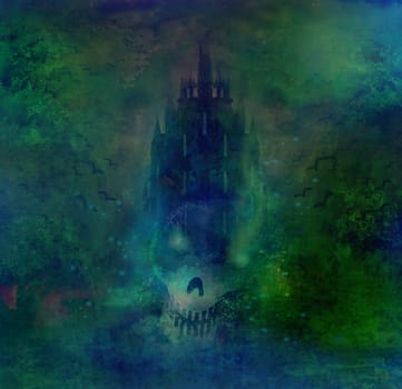 Halloween terrible illustration with a ghost in front of a haunted house.