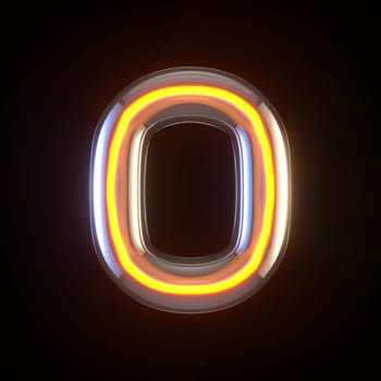 Glowing glass tube font Number 0 ZERO 3D render illustration isolated on black background