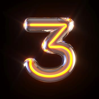 Glowing glass tube font Number 3 THREE 3D render illustration isolated on black background